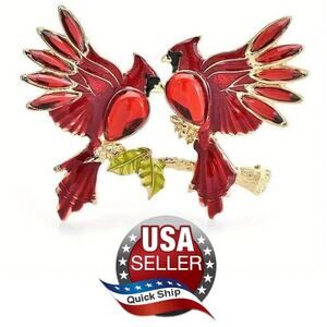 Cardinal Lovers Perched on Branch Brooch • Red Pear-Shaped Rhinestones •Enameled